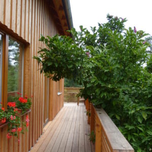 bohatá dřevěná terasa na dvou stranách domku a přejeme investorovi s rodinou příjemné bydlení!